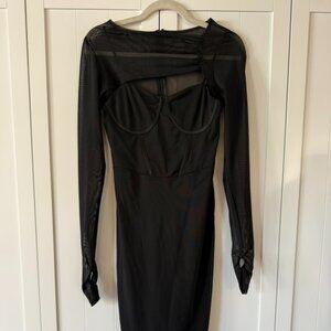 Forever 21 Black Mesh Corset Midi Dress Sheer Long Sleeve Cutout Bodycon